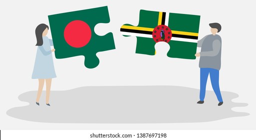 Couple holding two puzzles pieces with Bangladeshi and Dominican flags. Bangladesh and Dominica national symbols together.