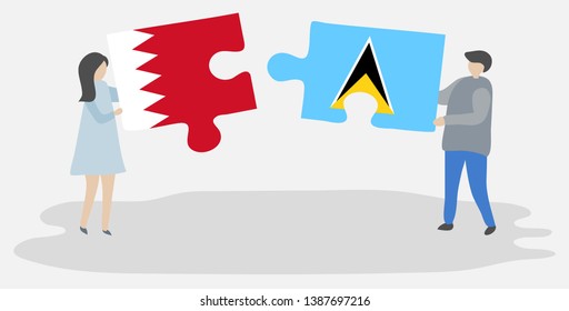 Couple holding two puzzles pieces with Bahraini and Saint Lucian flags. Bahrain and Saint Lucia national symbols together.