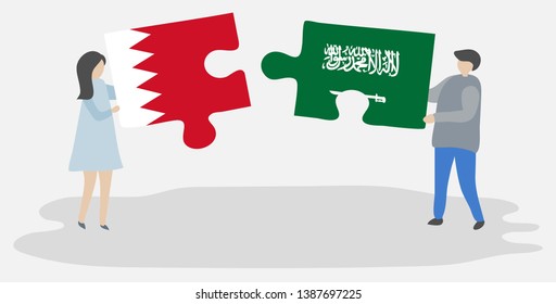 Couple holding two puzzles pieces with Bahraini and Saudi Arabian flags. Bahrain and Saudi Arabia national symbols together.