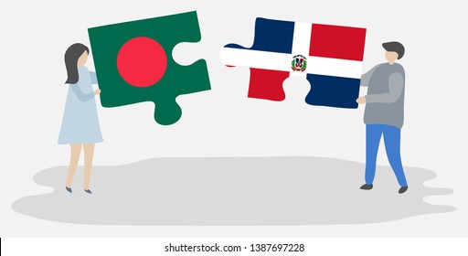 Couple holding two puzzles pieces with Bangladeshi and Dominican flags. Bangladesh and Dominican Republic national symbols together.