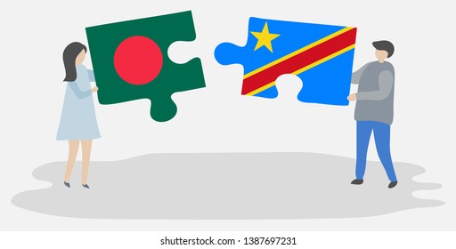 Couple holding two puzzles pieces with Bangladeshi and Congolese flags. Bangladesh and Democratic Republic of the Congo national symbols together.