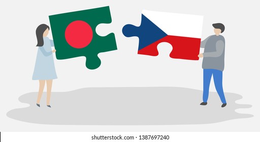 Couple holding two puzzles pieces with Bangladeshi and Czech flags. Bangladesh and Czech Republic national symbols together.