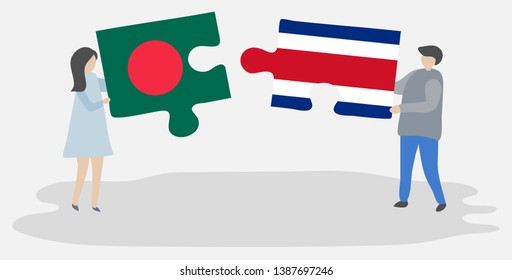 Couple holding two puzzles pieces with Bangladeshi and Costa Rican flags. Bangladesh and Costa Rica national symbols together.