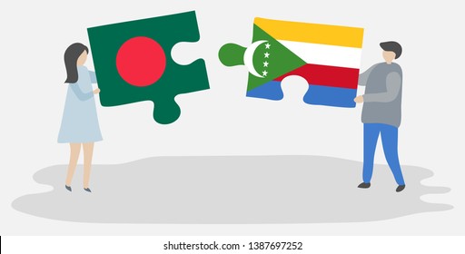 Couple holding two puzzles pieces with Bangladeshi and Comoran flags. Bangladesh and Comoros national symbols together.