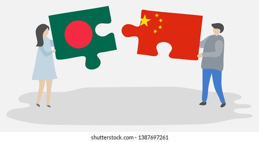 Couple holding two puzzles pieces with Bangladeshi and Chinese flags. Bangladesh and China national symbols together.