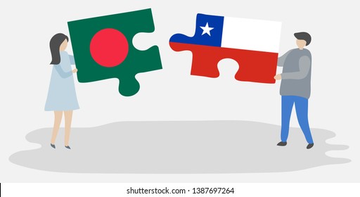 Couple holding two puzzles pieces with Bangladeshi and Chilean flags. Bangladesh and Chile national symbols together.