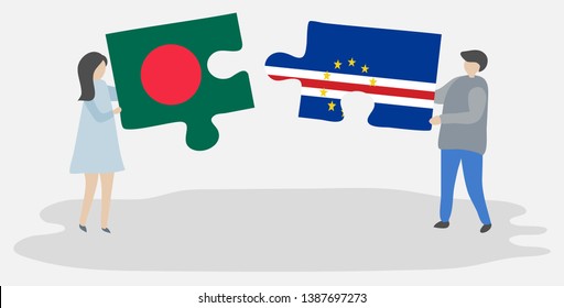 Couple holding two puzzles pieces with Bangladeshi and Cabo Verdean flags. Bangladesh and Cape Verde national symbols together.