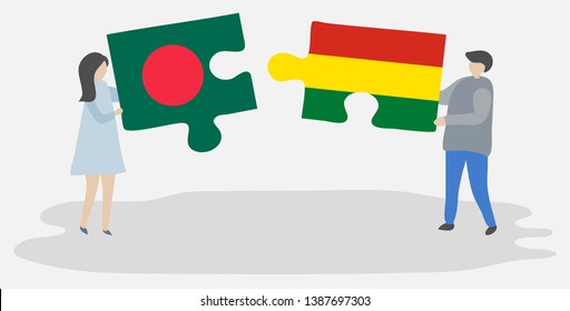 Couple holding two puzzles pieces with Bangladeshi and Bolivian flags. Bangladesh and Bolivia national symbols together.