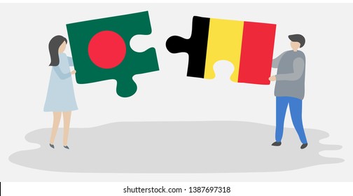 Couple holding two puzzles pieces with Bangladeshi and Belgian flags. Bangladesh and Belgium national symbols together.
