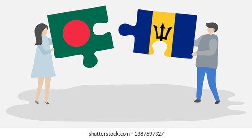 Couple holding two puzzles pieces with Bangladeshi and Barbadian flags. Bangladesh and Barbados national symbols together.