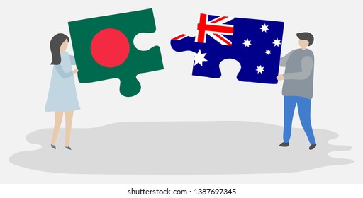 Couple holding two puzzles pieces with Bangladeshi and Australian flags. Bangladesh and Australia national symbols together.