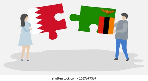 Couple holding two puzzles pieces with Bahraini and Zambian flags. Bahrain and Zambia national symbols together.
