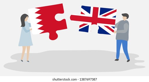 Couple holding two puzzles pieces with Bahraini and British flags. Bahrain and United Kingdom national symbols together.