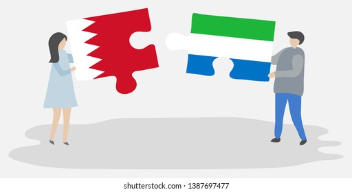 Couple holding two puzzles pieces with Bahraini and Sierra Leonean flags. Bahrain and Sierra Leone national symbols together.
