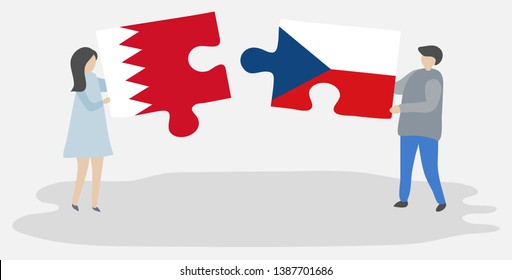 Couple holding two puzzles pieces with Bahraini and Czech flags. Bahrain and Czech Republic national symbols together.