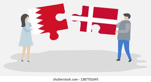 Couple holding two puzzles pieces with Bahraini and Danish flags. Bahrain and Denmark national symbols together.