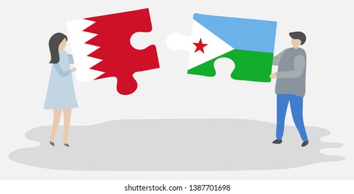 Couple holding two puzzles pieces with Bahraini and Djiboutian flags. Bahrain and Djibouti national symbols together.