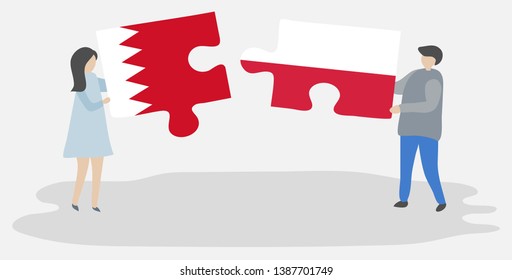 Couple holding two puzzles pieces with Bahraini and Polish flags. Bahrain and Poland national symbols together.