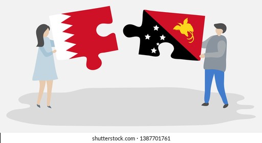 Couple holding two puzzles pieces with Bahraini and Papuan flags. Bahrain and Papua New Guinea national symbols together.