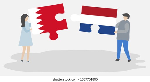 Couple holding two puzzles pieces with Bahraini and Dutch flags. Bahrain and Netherlands national symbols together.