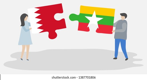 Couple holding two puzzles pieces with Bahraini and Burmese flags. Bahrain and Myanmar national symbols together.