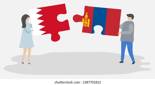 Couple holding two puzzles pieces with Bahraini and Mongolian flags. Bahrain and Mongolia national symbols together.