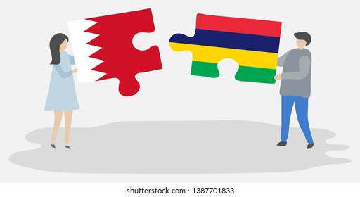 Couple holding two puzzles pieces with Bahraini and Mauritian flags. Bahrain and Mauritius national symbols together.