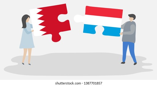 Couple holding two puzzles pieces with Bahraini and Luxembourgish flags. Bahrain and Luxembourg national symbols together.