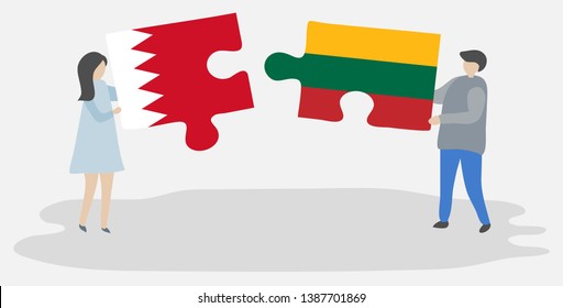 Couple holding two puzzles pieces with Bahraini and Lithuanian flags. Bahrain and Lithuania national symbols together.