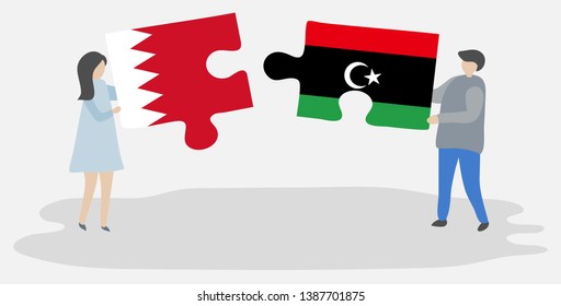 Couple holding two puzzles pieces with Bahraini and Libyan flags. Bahrain and Libya national symbols together.