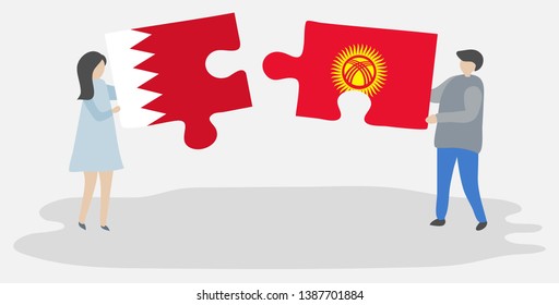 Couple holding two puzzles pieces with Bahraini and Kirgiz flags. Bahrain and Kyrgyzstan national symbols together.
