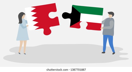Couple holding two puzzles pieces with Bahraini and Kuwaiti flags. Bahrain and Kuwait national symbols together.
