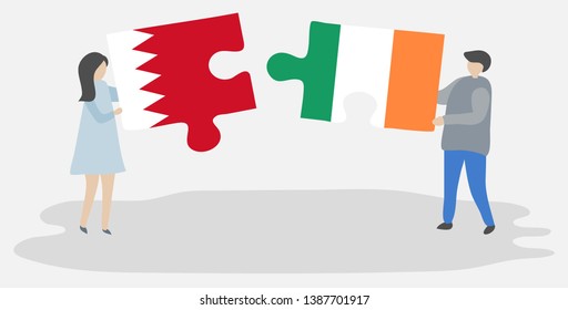 Couple holding two puzzles pieces with Bahraini and Irish flags. Bahrain and Ireland national symbols together.