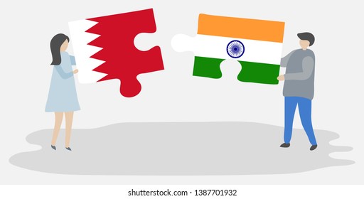 Couple holding two puzzles pieces with Bahraini and Indian flags. Bahrain and India national symbols together.