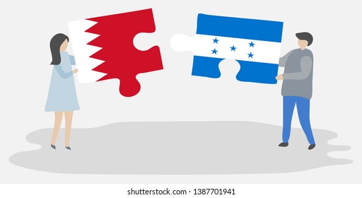 Couple holding two puzzles pieces with Bahraini and Honduran flags. Bahrain and Honduras national symbols together.