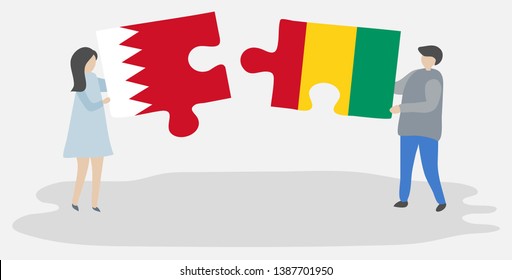 Couple holding two puzzles pieces with Bahraini and Guinean flags. Bahrain and Guinea national symbols together.