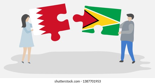 Couple holding two puzzles pieces with Bahraini and Guyanese flags. Bahrain and Guyana national symbols together.