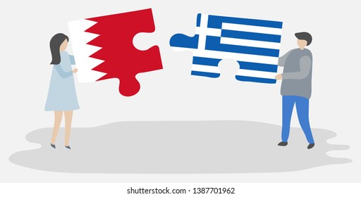 Couple holding two puzzles pieces with Bahraini and Greek flags. Bahrain and Greece national symbols together.