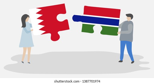 Couple holding two puzzles pieces with Bahraini and Gambian flags. Bahrain and Gambia national symbols together.