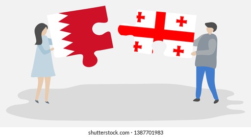 Couple holding two puzzles pieces with Bahraini and Georgian flags. Bahrain and Georgia national symbols together.