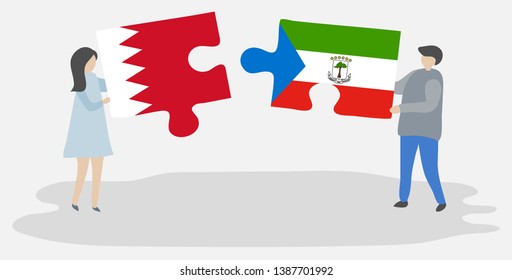 Couple holding two puzzles pieces with Bahraini and Equatorial Guinean flags. Bahrain and Equatorial Guinea national symbols together.