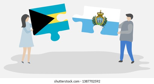 Couple holding two puzzles pieces with Bahamian and Sammarinese flags. Bahamas and San Marino national symbols together.