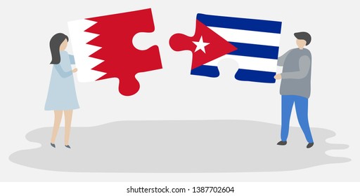 Couple holding two puzzles pieces with Bahraini and Cuban flags. Bahrain and Cuba national symbols together.