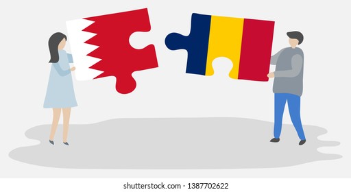 Couple holding two puzzles pieces with Bahraini and Chadian flags. Bahrain and Chad national symbols together.