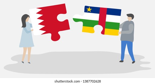 Couple holding two puzzles pieces with Bahraini and Central African flags. Bahrain and Central African Republic national symbols together.