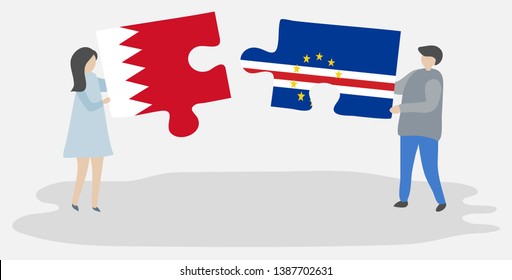 Couple holding two puzzles pieces with Bahraini and Cabo Verdean flags. Bahrain and Cape Verde national symbols together.
