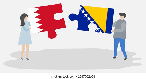 Couple holding two puzzles pieces with Bahraini and Bosnian flags. Bahrain and Bosnia and Herzegovina national symbols together.