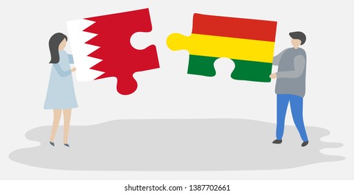 Couple holding two puzzles pieces with Bahraini and Bolivian flags. Bahrain and Bolivia national symbols together.
