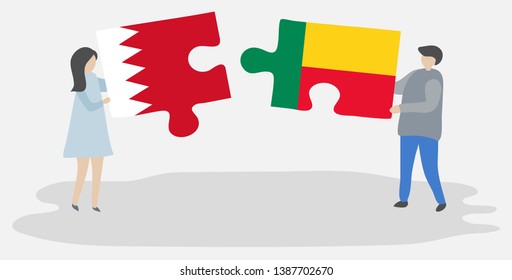 Couple holding two puzzles pieces with Bahraini and Beninese flags. Bahrain and Benin national symbols together.