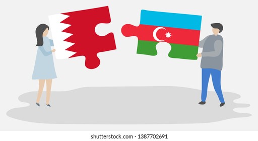Couple holding two puzzles pieces with Bahraini and Azerbaijani flags. Bahrain and Azerbaijan national symbols together.
